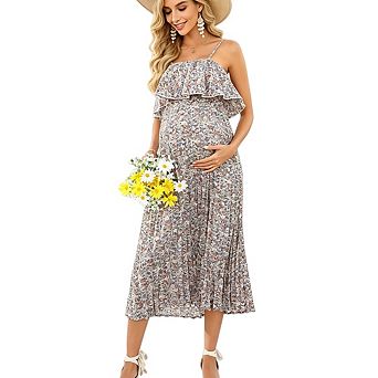 Women's Maternity Short Puff Sleeve Square Neck Smocked Baby Shower Party Dress