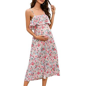 Women's Maternity Short Puff Sleeve Square Neck Smocked Baby Shower Party Dress