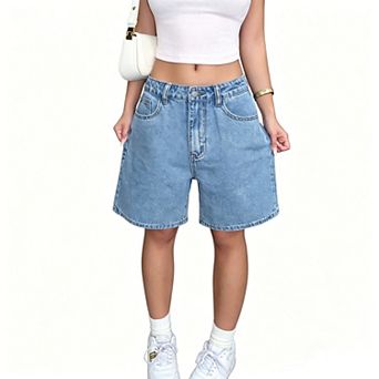 Women's Mid Rise Stretch Denim Bermuda Shorts, Straight Knee Length Washed Jean Shorts With Pockets