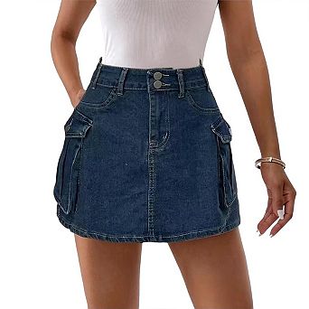 Women Denim Cargo Mini Low Waist Button Slim Fit Bodycon Flap Jeans with Pockets Skirts