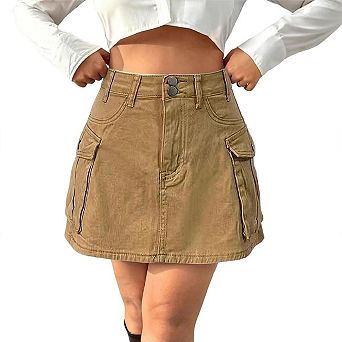 Women Denim Cargo Mini Low Waist Button Slim Fit Bodycon Flap Jeans with Pockets Skirts