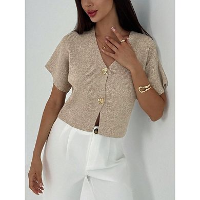 Blueming Women Short Sleeves V Neck Button Front Cropped Knit Top