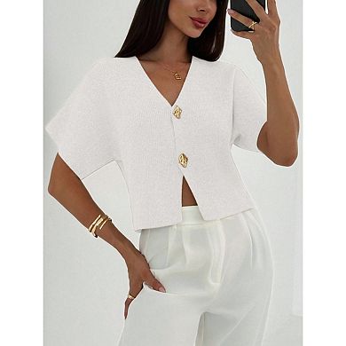 Blueming Women Short Sleeves V Neck Button Front Cropped Knit Top