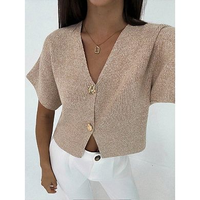 Blueming Women Short Sleeves V Neck Button Front Cropped Knit Top