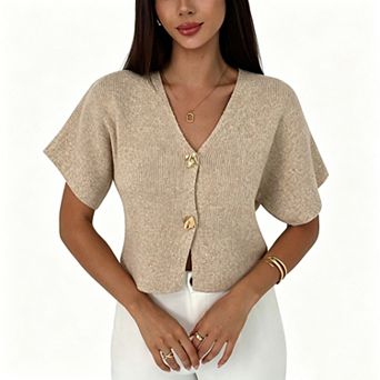 Blueming Women Short Sleeves V Neck Button Front Cropped Knit Top