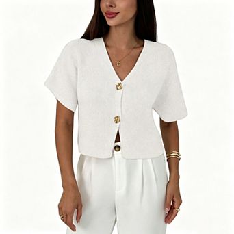 Blueming Women Short Sleeves V Neck Button Front Cropped Knit Top