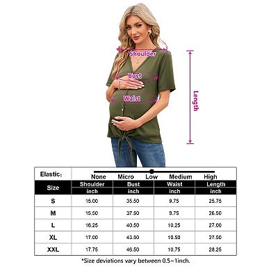 Blueming Women Short Sleeves V Neck Button Front Tie Hem Maternity Top