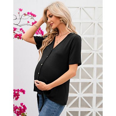 Blueming Women Short Sleeves V Neck Button Front Tie Hem Maternity Top