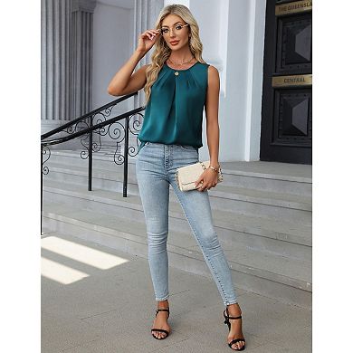 Blueming Sleeveless Round Neck Front Pleated Pullover Tops