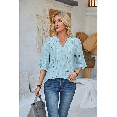 Blueming Women Short Sleeves V Neck Flared Cuff Eyelet Embroidery Top