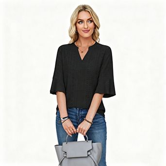 Blueming Women Short Sleeves V Neck Flared Cuff Eyelet Embroidery Top