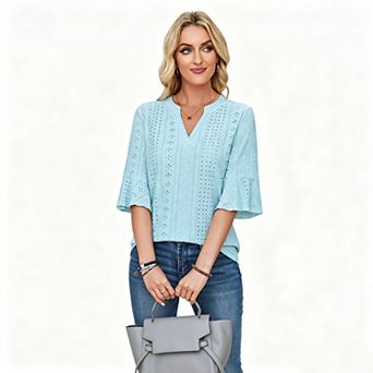 Blueming Women Short Sleeves V Neck Flared Cuff Eyelet Embroidery Top