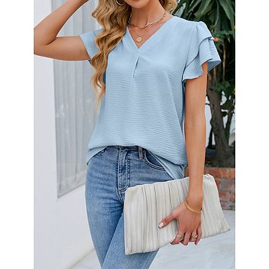 Blueming Short Sleeve V Neck Ruffle Sleeve Pullover Tops