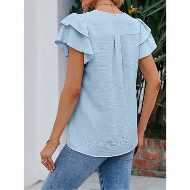 Blueming Short Sleeve V Neck Ruffle Sleeve Pullover Tops