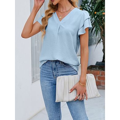 Blueming Short Sleeve V Neck Ruffle Sleeve Pullover Tops
