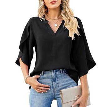 Blueming Long Sleeve V Neck Split Ruffle Sleeve Tops