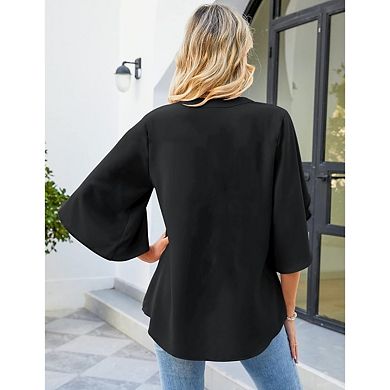 Blueming Long Sleeve V Neck Split Ruffle Sleeve Tops