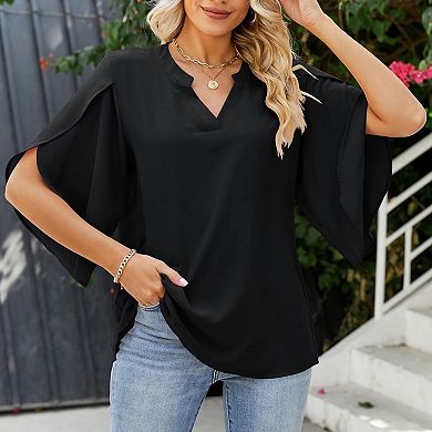 Blueming Long Sleeve V Neck Split Ruffle Sleeve Tops