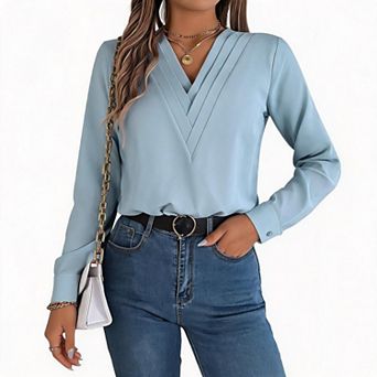 Women's Triple Layer V Neck Long Sleeve Blouse, Smooth Satin Elegant Dressy Casual Office Shirt Top