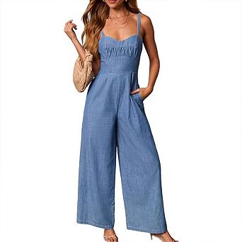 Women Wide Leg Sleeveless Spaghetti Straps Backless One Piece Back Zip Jumpsuit with Pockets