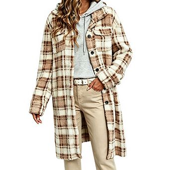 Women's Plaid Fuzzy Long Shacket Lapel Button Front Patch Pocket Oversized Open Coat