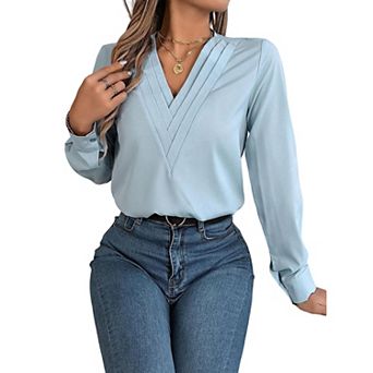 Women Triple Fold V-Neck Satin Blouse, Long Sleeve Dressy Casual Top