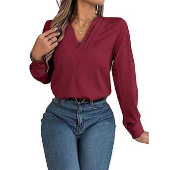 Women Triple Fold V-Neck Satin Blouse, Long Sleeve Dressy Casual Top