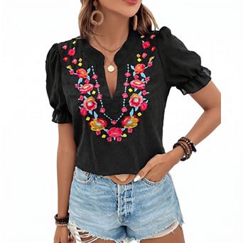Women's V-Neck Floral Embroidery Blouse Swiss Dot Puff Short Sleeve Boho Summer Shirt