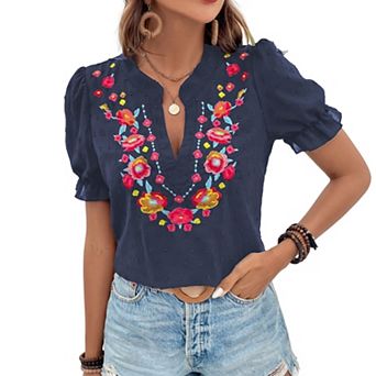 Women's V-Neck Floral Embroidery Blouse Swiss Dot Puff Short Sleeve Boho Summer Shirt