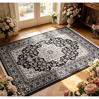 Vintage Washable Area Rug Collapsible Floral Carpet Traditional Vintage Accent Mat for Living Room