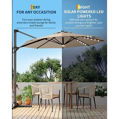 10FT Cantilever Patio Umbrella with Solar LED Lights & Base