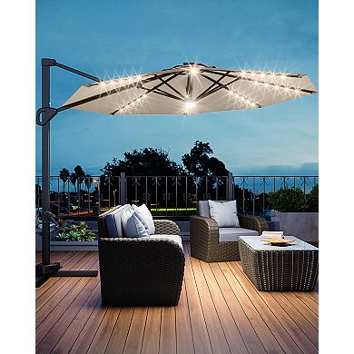 10FT Cantilever Patio Umbrella with Solar LED Lights & Base