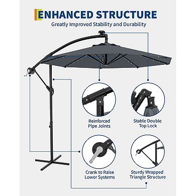 10FT Cantilever Patio Umbrella with Solar LED Lights