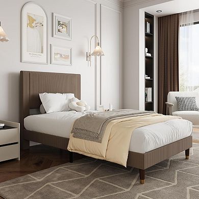 Platform Bed Frame with Upholstered Headboard, Corduroy Fabric Mattress Foundation for Bedroom