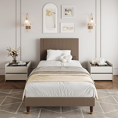 Platform Bed Frame with Upholstered Headboard, Corduroy Fabric Mattress Foundation for Bedroom