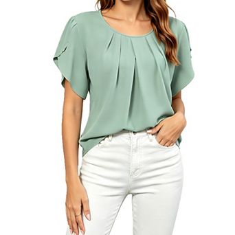 Women Round Neck Pleated Short Sleeve Blouses Loose Fit Casual Dressy Shirts