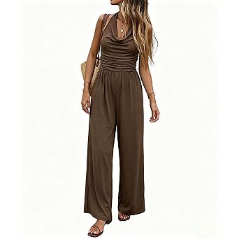 Women's Halter Jumpsuit Casual Cowl Neck Ruched Waist Backless Wide Leg Pants One Piece Outfit