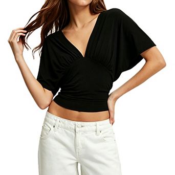 Women V Neck Batwing Short Sleeve Crop Tops Slim Fitted Casual T Shirts