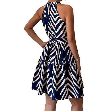 Women's Ruffle Halter Mini Sleeveless Elegant Geo Print Belted Flowy Vacation Dresses