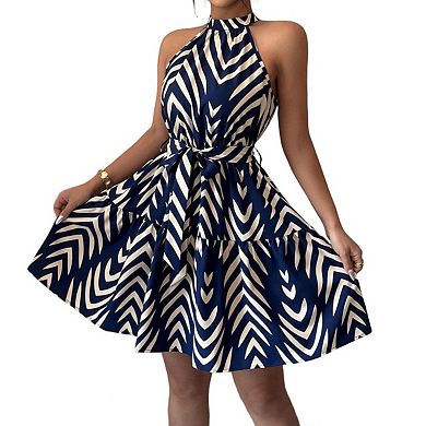 Women's Ruffle Halter Mini Sleeveless Elegant Geo Print Belted Flowy Vacation Dresses