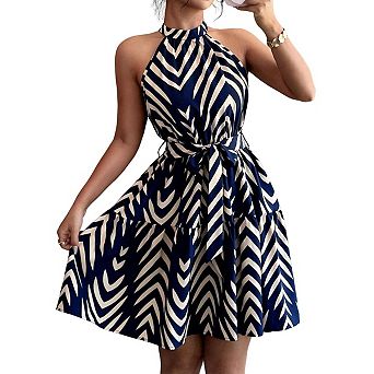 Women's Ruffle Halter Mini Sleeveless Elegant Geo Print Belted Flowy Vacation Dresses