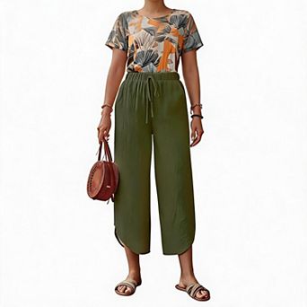 Loose Fit Cotton Linen Palazzo Pants, Cropped Wide Leg with Drawstring