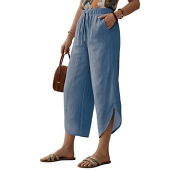 Loose Fit Cotton Linen Palazzo Pants, Cropped Wide Leg with Drawstring
