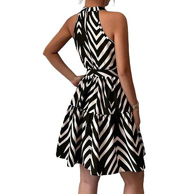 Women's Ruffle Halter Mini Sleeveless Elegant Geo Print Belted Flowy Vacation Dresses