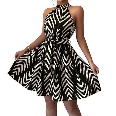 Women's Ruffle Halter Mini Sleeveless Elegant Geo Print Belted Flowy Vacation Dresses