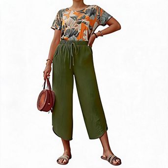 Cropped Cotton Linen Wide Leg Pants with Drawstring Waist for Women