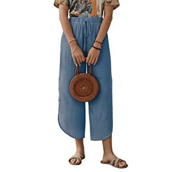 Cropped Cotton Linen Wide Leg Pants with Drawstring Waist for Women