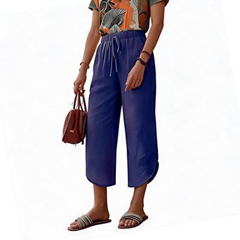 Cropped Cotton Linen Wide Leg Pants with Drawstring Waist for Women