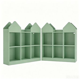 Set of 2 Kids Castle Cube Toy Storage Organizer, Wooden 6 Cubby Bookshelf with Anti Tip Device