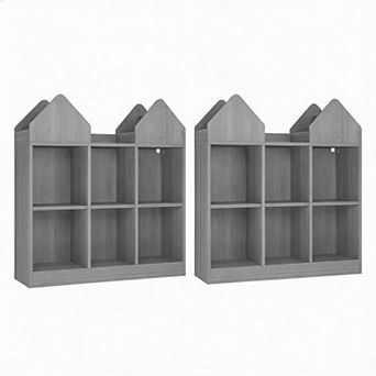Set of 2 Kids Castle Cube Toy Storage Organizer, Wooden 6 Cubby Bookshelf with Anti Tip Device